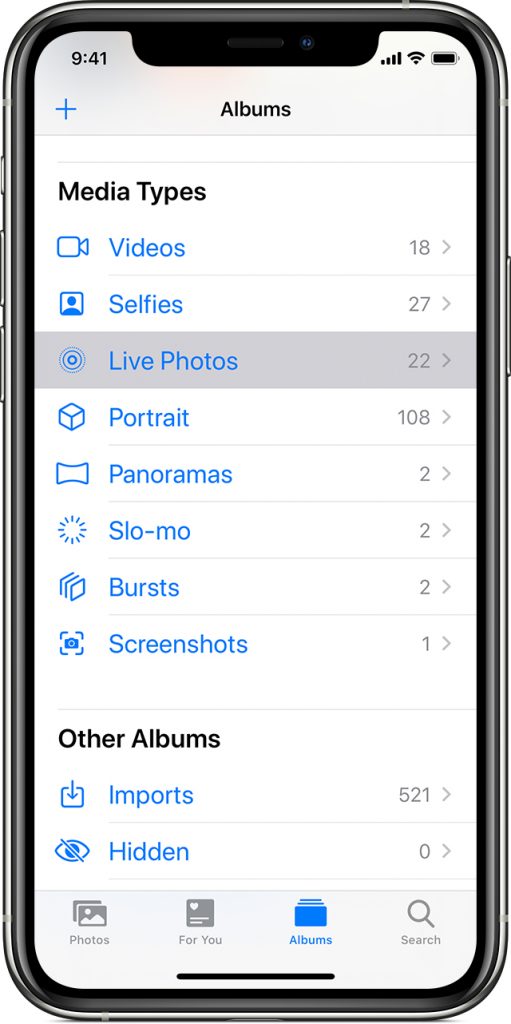 A list showing live photos selected in the Albums tab