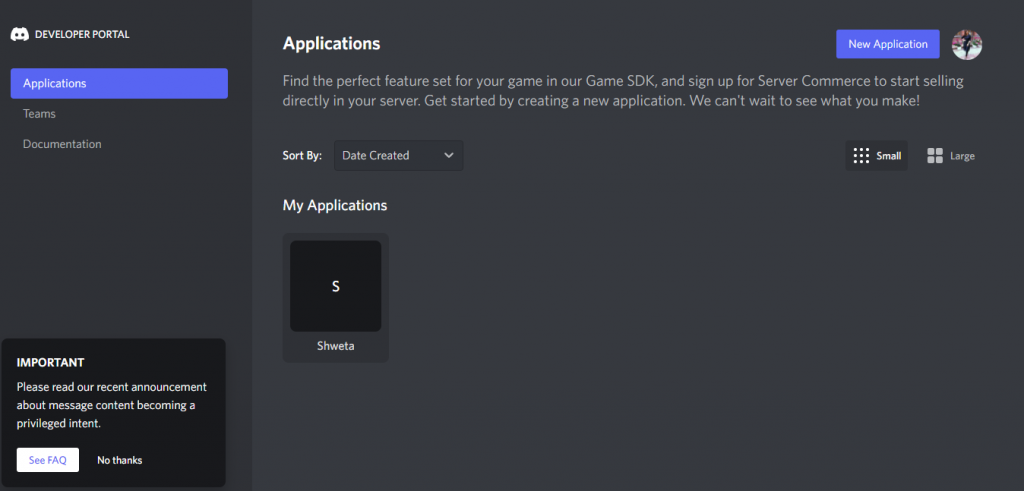 new application to add a discord bot
